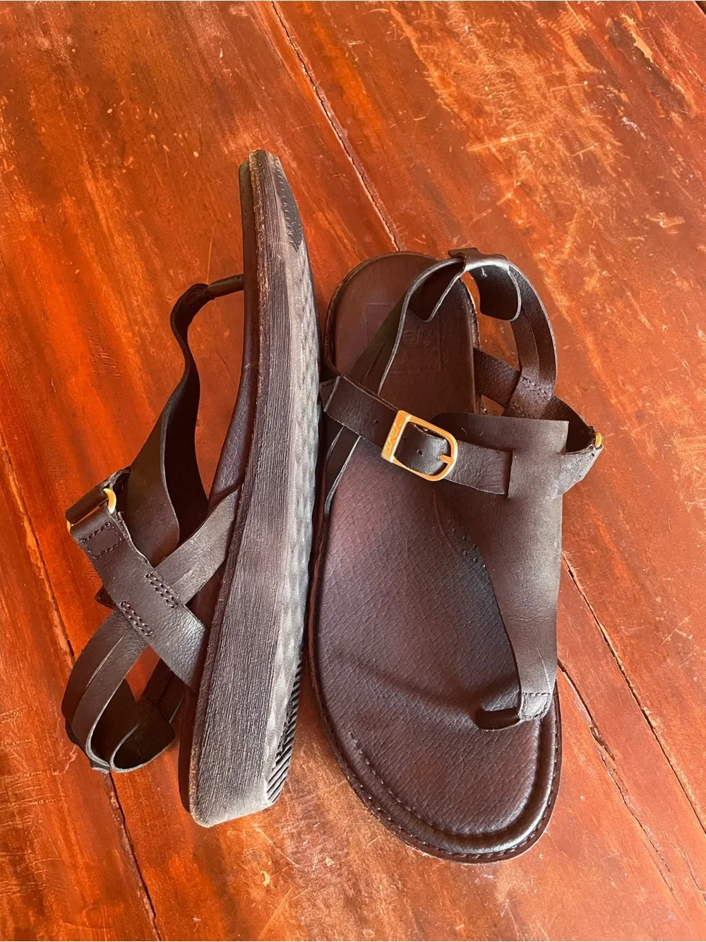 Teva Black Leather Thong Sandals with Gold Buckles